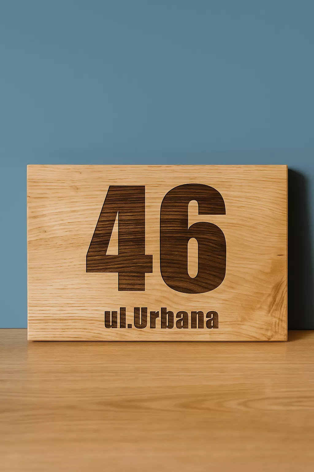 Tablica dębowa z adresem grawerowana