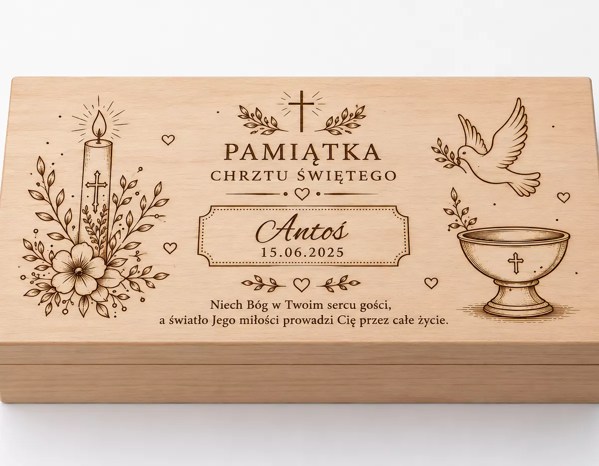 PUDEŁKO NA PIENIĄDZE prezent pamiątka CHRZEST grawer personalizacja 18 cm na 10 cm W3