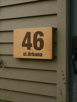 Tablica dębowa z adresem grawerowana