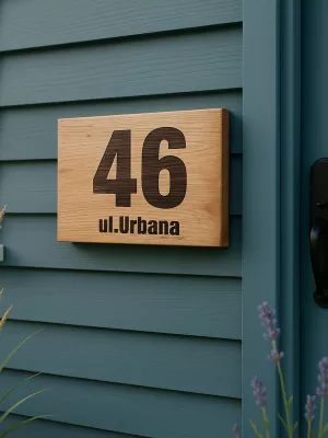 Tablica dębowa z adresem grawerowana